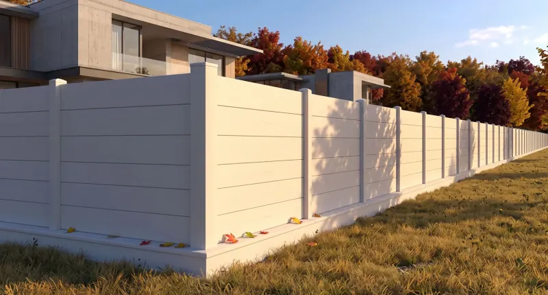 Fehér betonkerítés sima kerítéselemekkel egy modern ház mellett