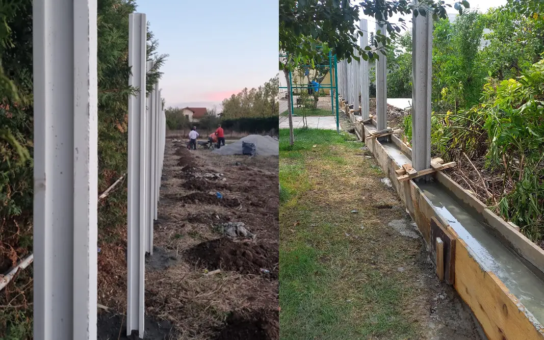 Kerítésszerelés: beton kerítésoszlopok sora és frissen öntött lábazat zsaluzatban